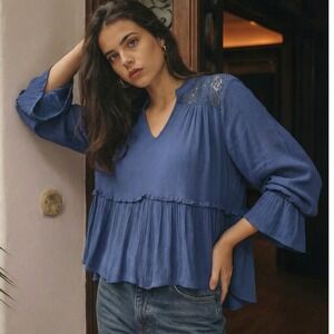 Gypsies & Moondust Peplum Blouse Womens Medium Blue Excellent Lace Boho